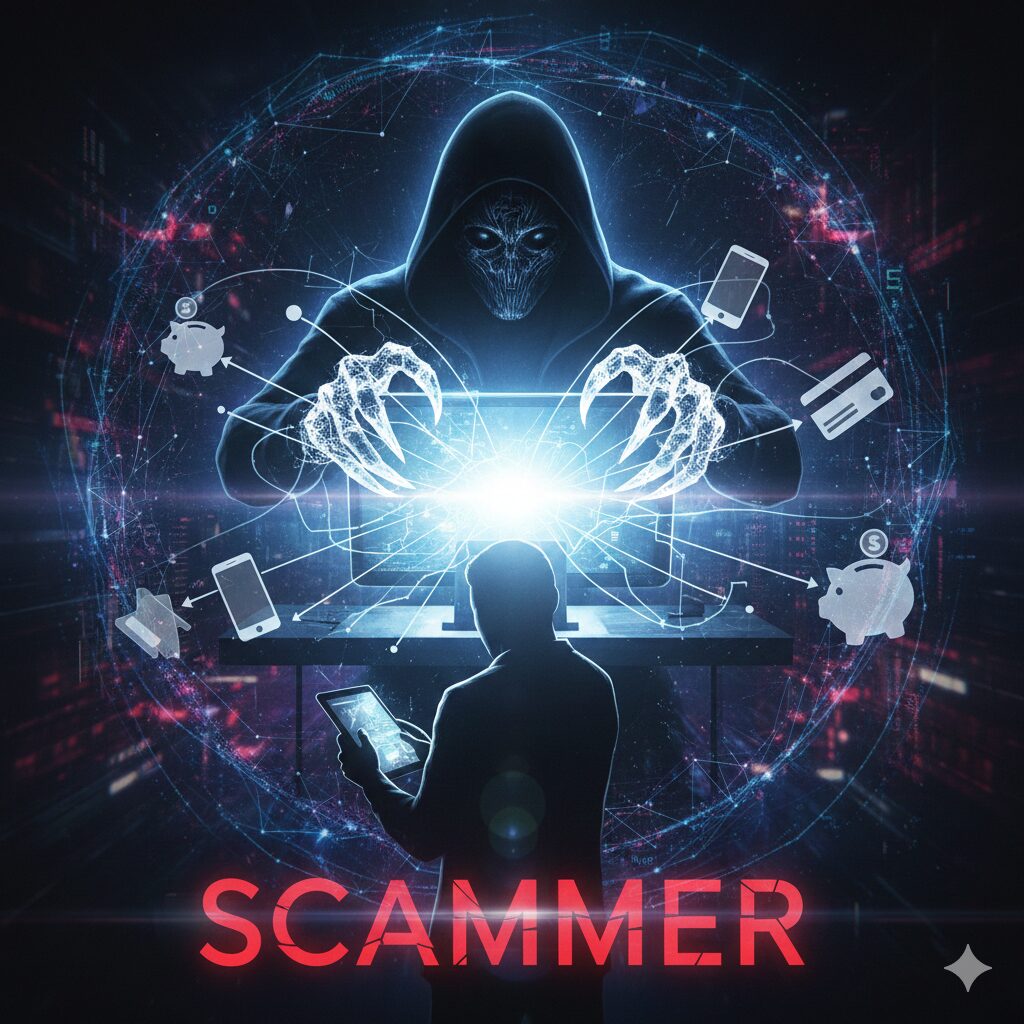 สแกมเมอร์ (Scammer) คือมิจฉาชีพที่ใช้กลอุบายทางออนไลน์หลอกลวงเพื่อเอาทรัพย์สิน ข้อมูลส่วนตัว หรือความรู้สึก ตัวอย่างพฤติกรรมที่พบบ่อยได้แก่ โรแมนซ์สแกม (ปลอมโปรไฟล์หลอกให้รักแล้วยืมเงิน), ลงทุนปลอม (ชวนลงทุนผลตอบแทนสูงเว่อร์), ฟิชชิ่ง (ส่งลิงก์ปลอมดูดข้อมูล), และคอลเซ็นเตอร์แอบอ้างเจ้าหน้าที่รัฐ