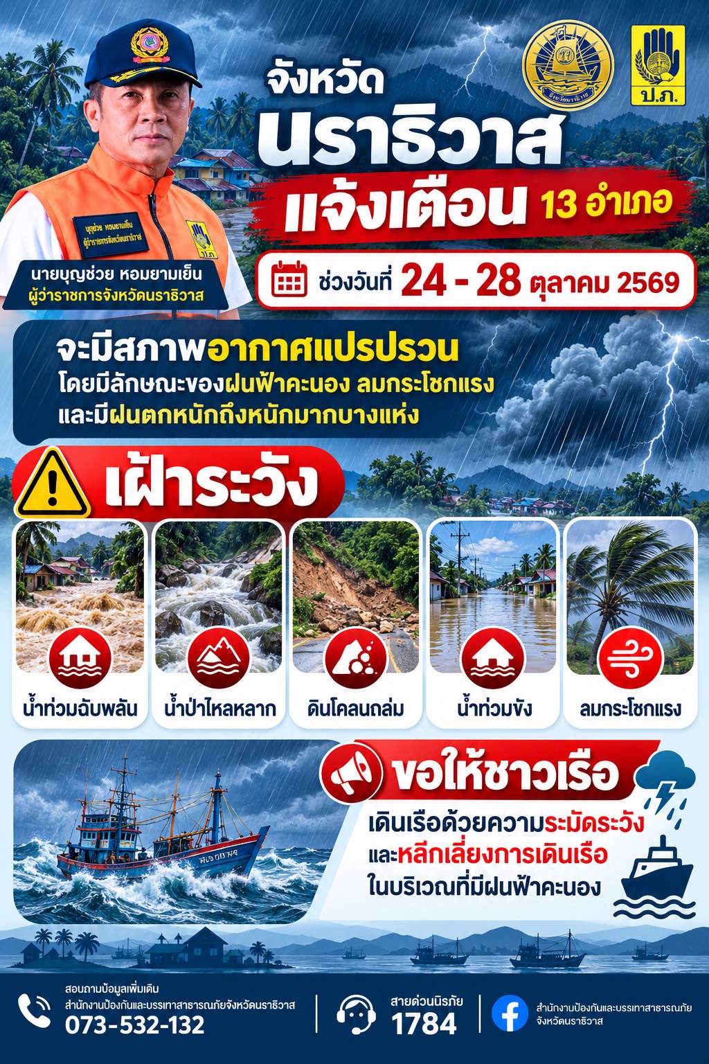 📣 📢 📌นราธิวาสแจ้งเตือน !!! 13 อำเภอ... ⛈️ 💦 ☔️ เฝ้าระวังฝนตกหนักถึงหนักมาก วันที่ 24&ndash;28 ตุลาคม 2569