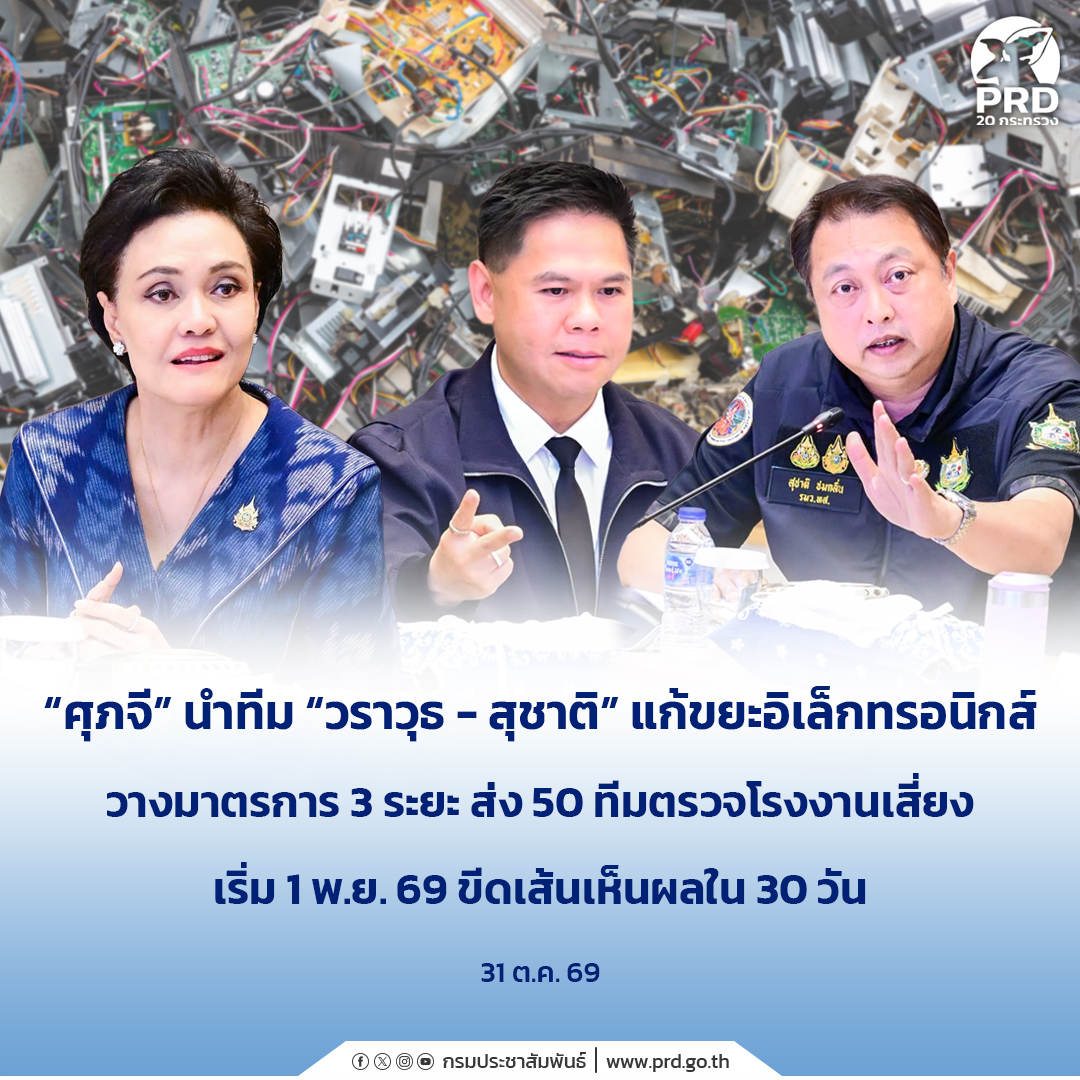 ศุภจีนำทีม &ldquo;วราวุธ&ndash;สุชาติ&rdquo; แก้ขยะอิเล็กทรอนิกส์ วางมาตรการ 3 ระยะ ส่ง 50 ทีมตรวจโรงงานเสี่ยง เริ่ม 1 พ.ย. 69 ขีดเส้นเห็นผลใน 30 วัน